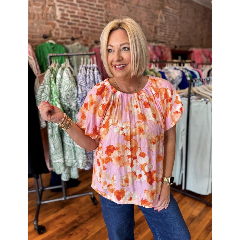 EASEL Pink Orange Floral Bubble Sleeve Peasant Blouse Boho Top Size Small S
